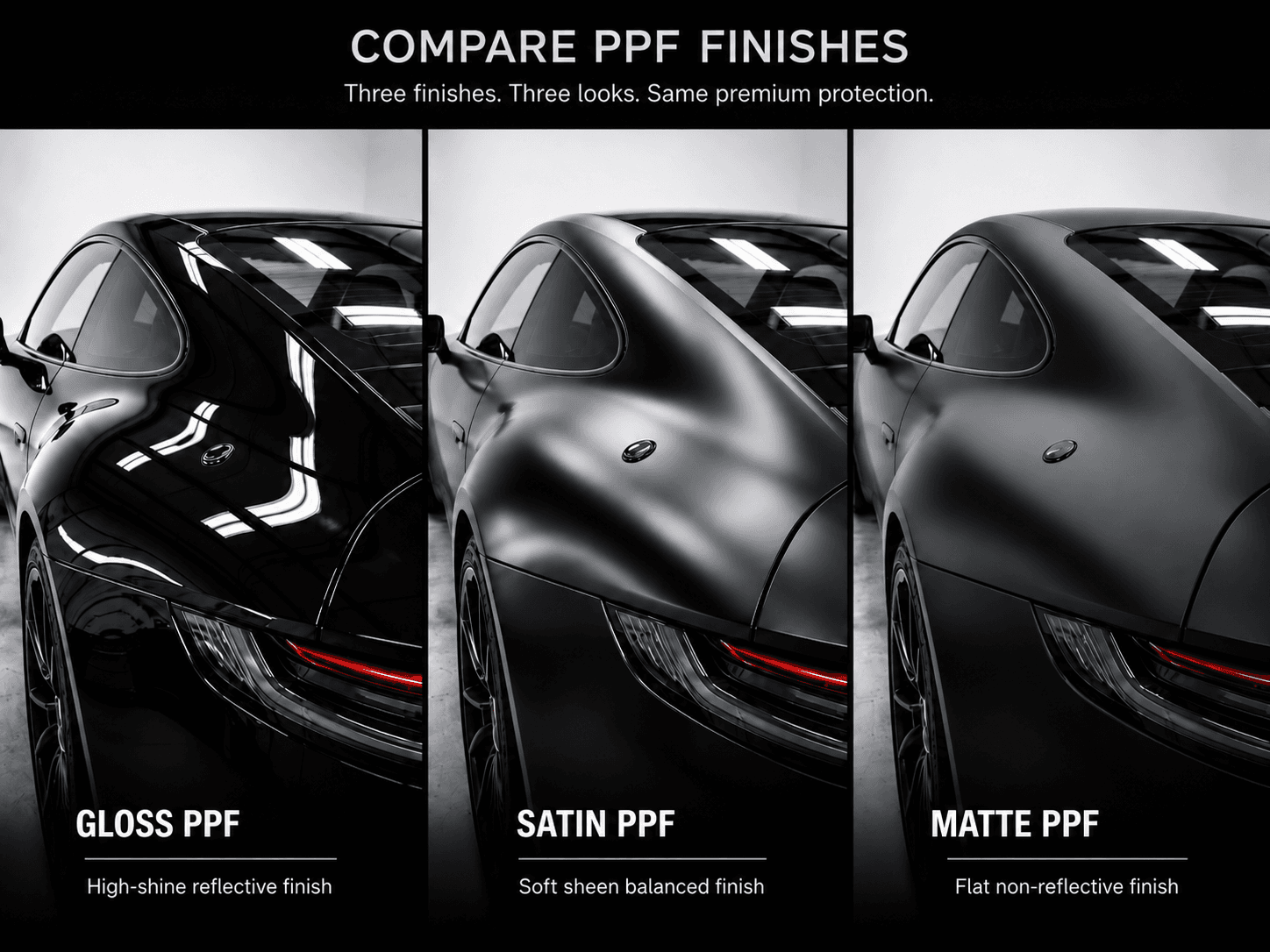 Gloss, satin, and matte PPF finishes compared on a black car